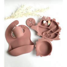 Набор детской силиконовой посуды для первого прикорма ребёнка 8 предметов Dino Pink
